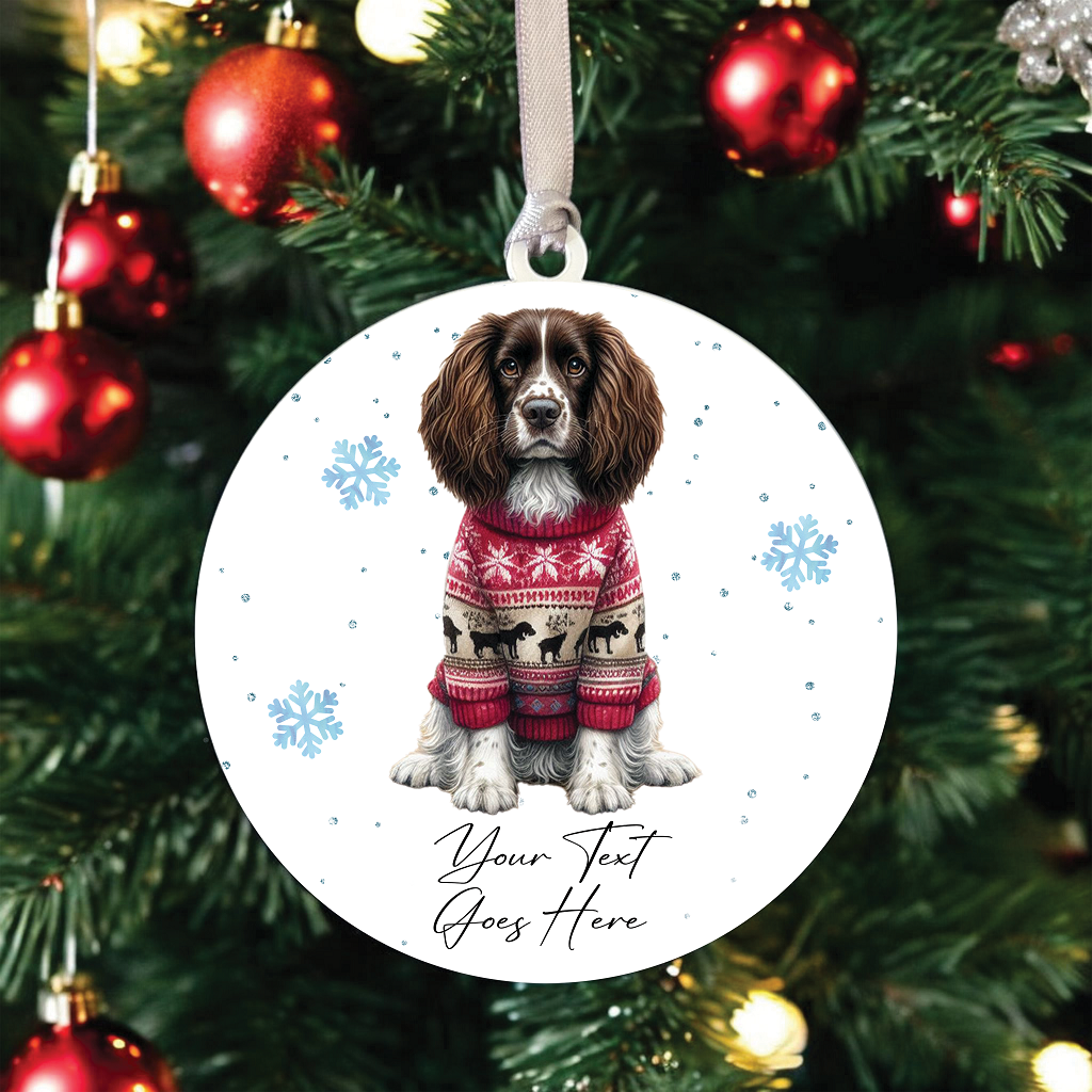 A Personalised English Springer Spaniel Jumper Dog Hanging Bauble Decoration