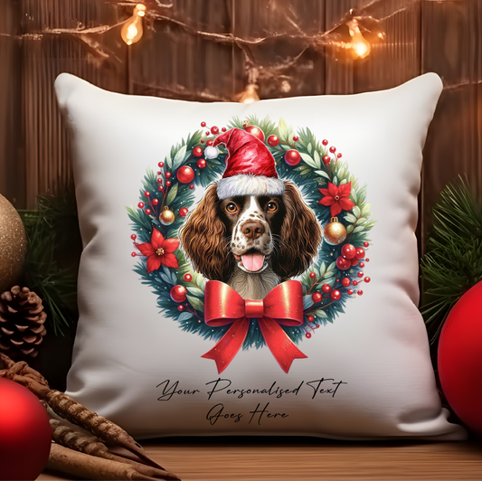 Personalised Welsh Springer Spaniel with Santa Hat in a Christmas wreath - Keepsake Gift cushion, by Floppsie Moppsie – floppsiemoppsie at floppsiemoppsie.co.uk