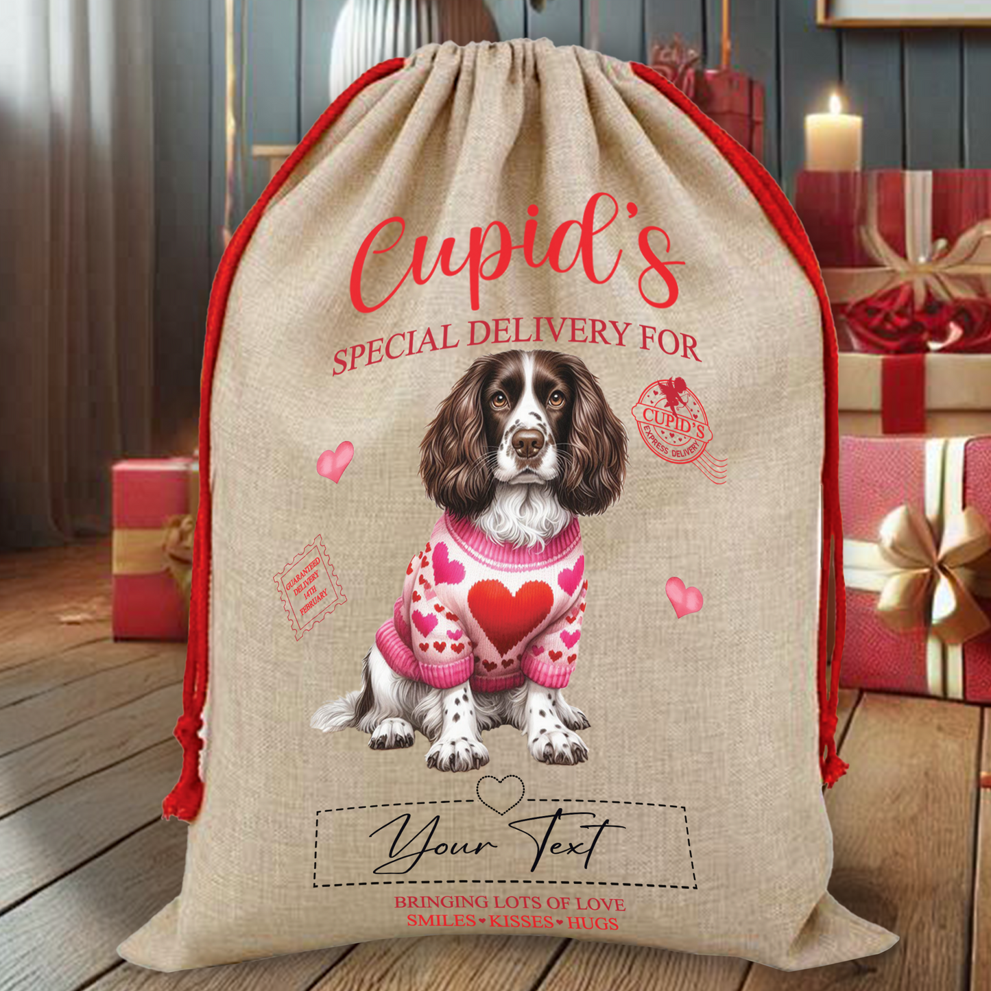 Personalised Dog Love Heart Valentine Anniversary Gift Sack - Springer Spaniel