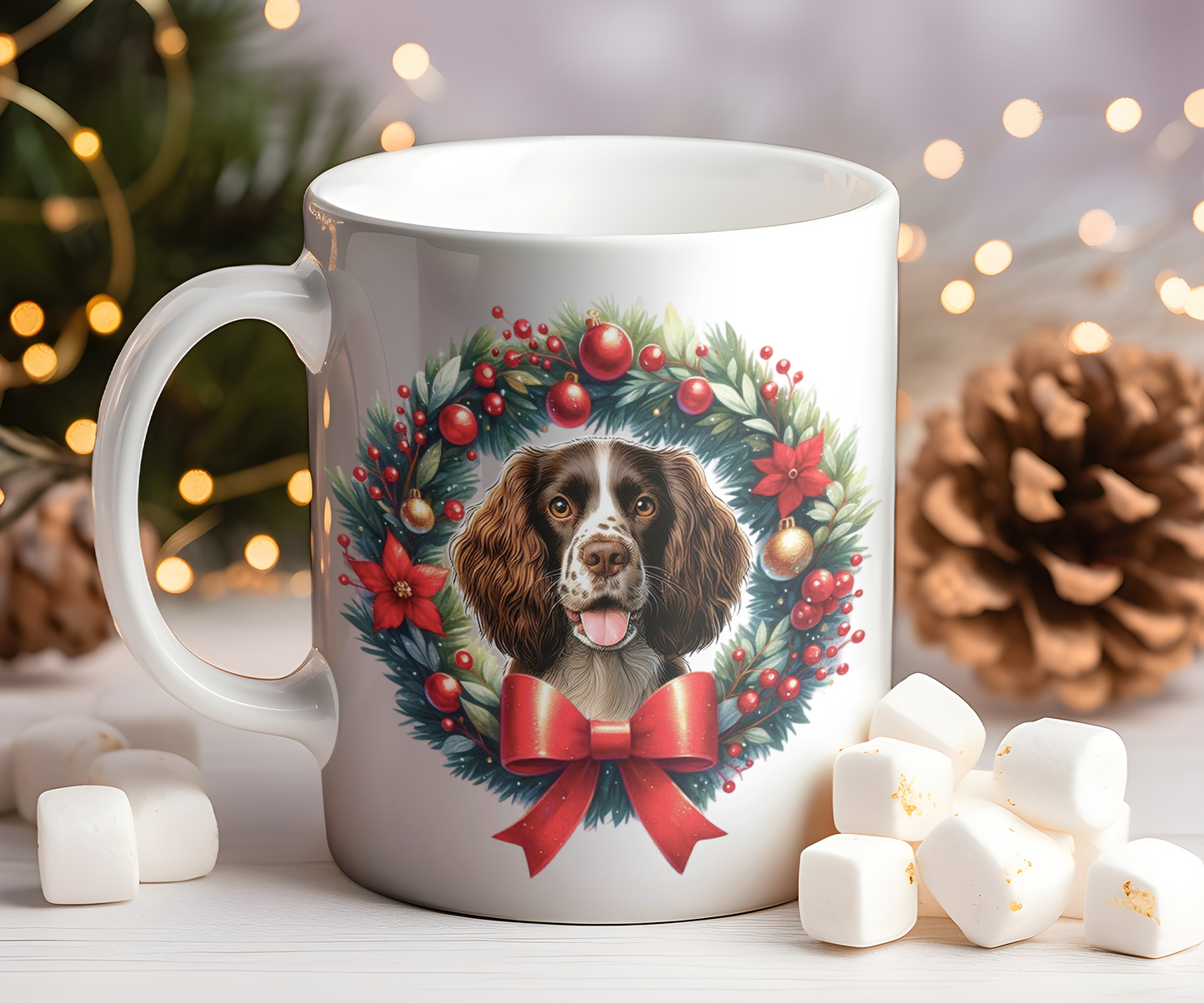 Personalised Welsh Springer Spaniel Dog Christmas Wreath Gift Mug