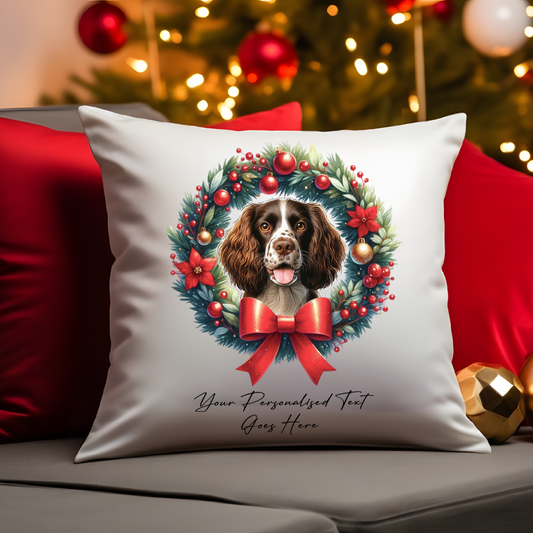 Personalised Welsh Springer Spaniel in a Christmas wreath - Keepsake Gift cushion, by Floppsie Moppsie – floppsiemoppsie at floppsiemoppsie.co.uk