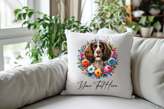 Personalised Floral Summer Pet Dog Wreath with Welsh Springer Spaniel - Keepsake Gift Cushion, by Floppsie Moppsie – floppsiemoppsie at floppsiemoppsie.co.uk