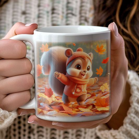 Personalised Cute Squirrel Playing in Autumn Leaves - Keepsake Gift Mug, by Floppsie Moppsie – floppsiemoppsie at floppsiemoppsie.co.uk