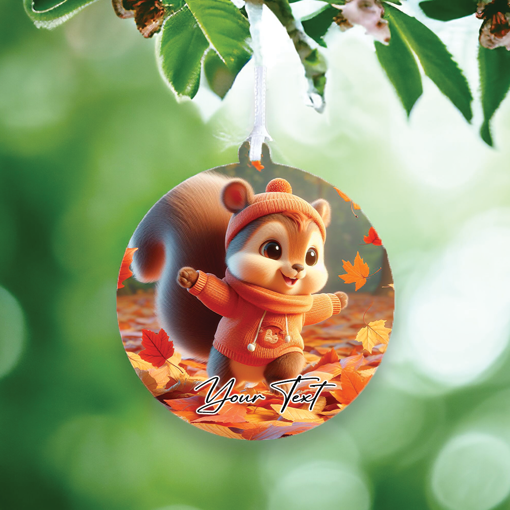 Cute Personalised Squirrel playing in the autumn leaves - Keepsake Gift Hanging Decoration, by Floppsie Moppsie – floppsiemoppsie at floppsiemoppsie.co.uk