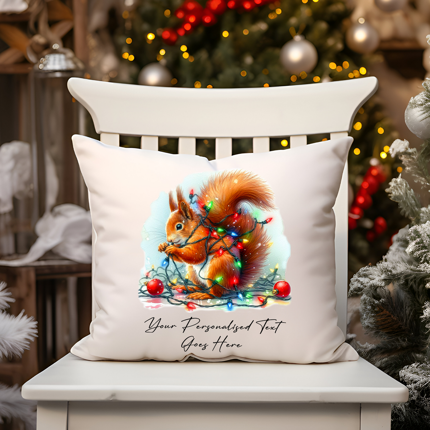 Personalised Squirrel in Christmas Lights Cushion Cover Gift - Style A