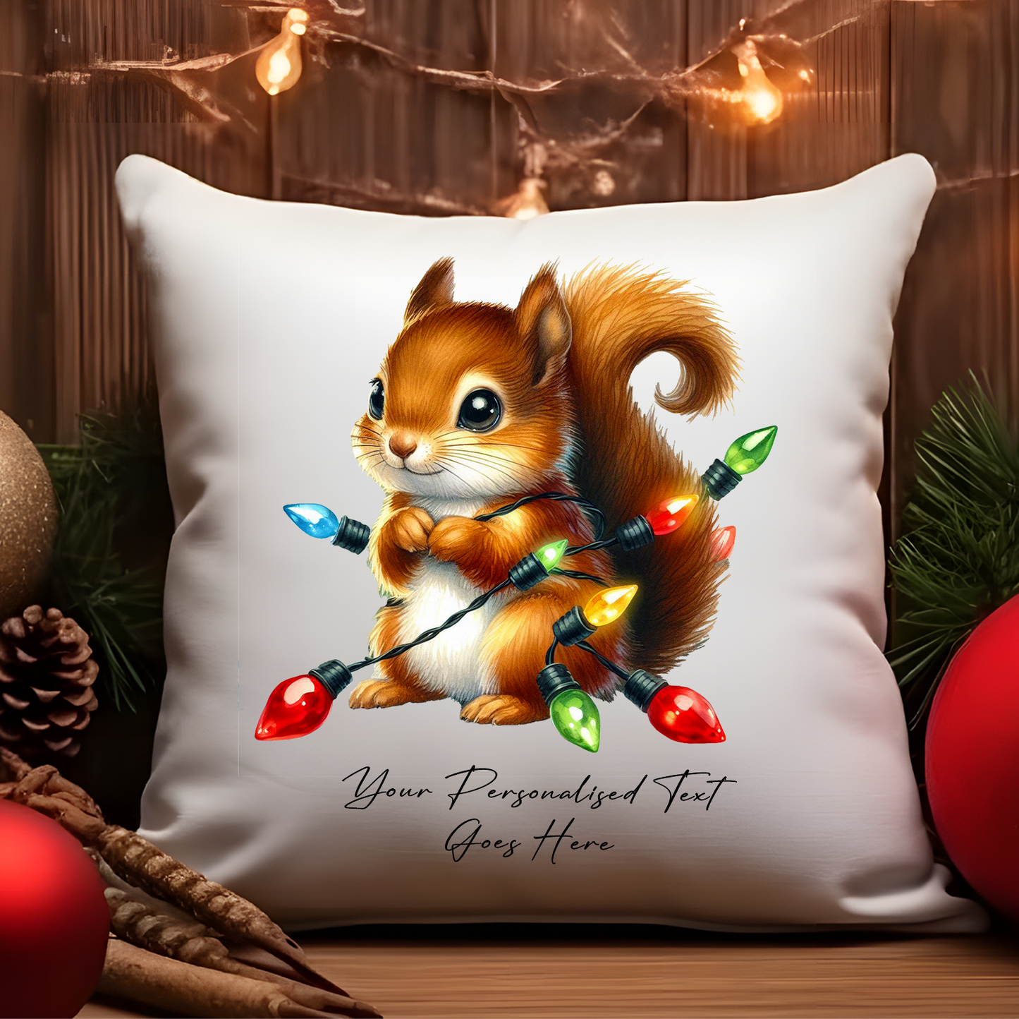 Personalised Squirrel in Christmas Lights Cushion Cover Gift - Style B