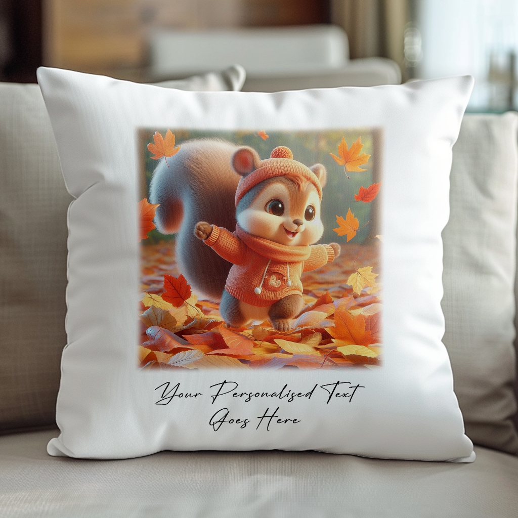 Personalised Cute Squirrel Playing in Autumn Leaves - Keepsake Gift Cushion, by Floppsie Moppsie – floppsiemoppsie at floppsiemoppsie.co.uk