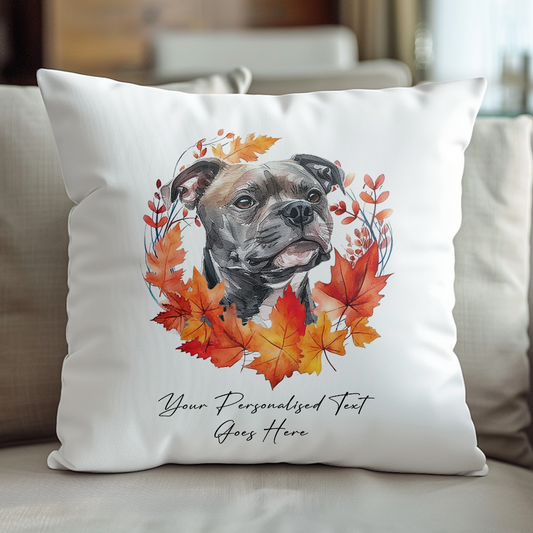 Personalised Staffordshire Bull Terrier in an Autumn wreath - Keepsake Gift cushion, by Floppsie Moppsie – floppsiemoppsie at floppsiemoppsie.co.uk