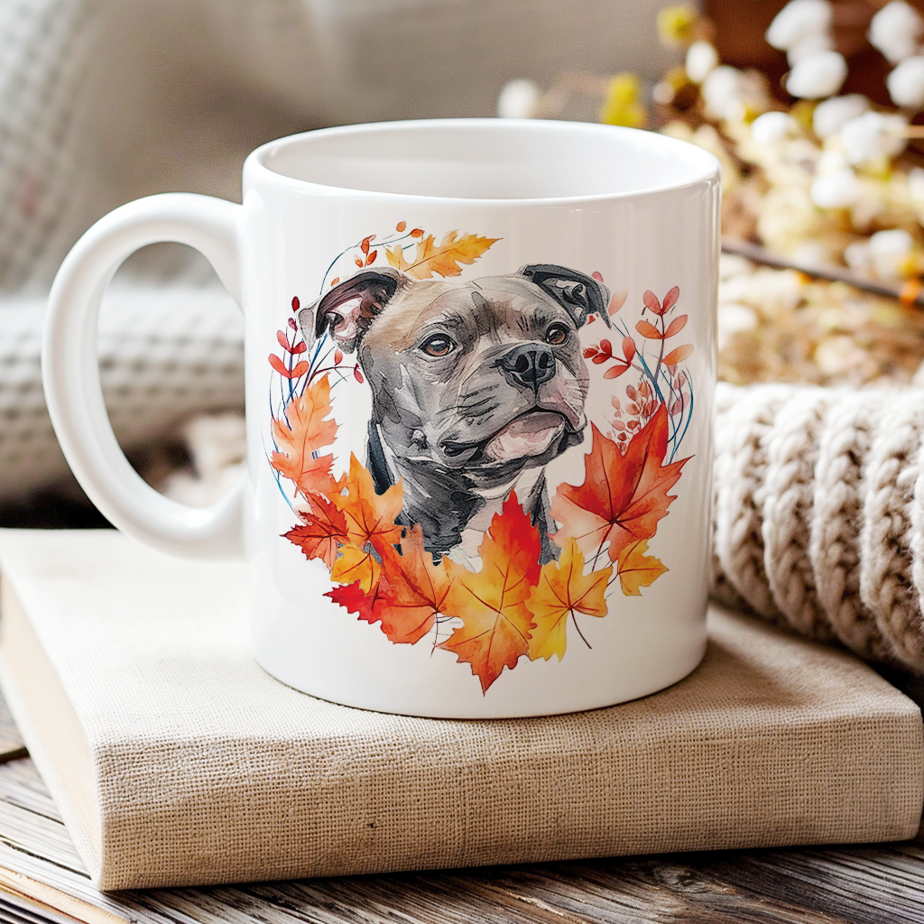 Personalised Staffordshire Bull Terrier in an Autumn wreath - Keepsake Mug, ideal gift for Birthday and Christmas Gift, by Floppsie Moppsie – floppsiemoppsie at floppsiemoppsie.co.uk