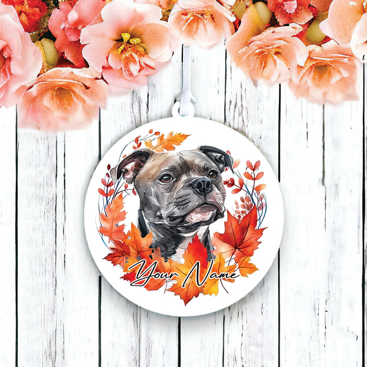 Personalised Dog Staffordshire Bull Terrier in an autumn wreath - Keepsake Gift Hanging Decoration, by Floppsie Moppsie – floppsiemoppsie at floppsiemoppsie.co.uk