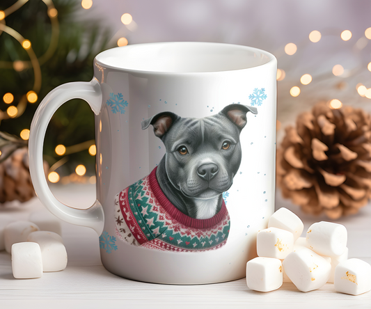 Personalised Black Staffordshire Bull Terrier - Dog Christmas Jumper Gift Mug