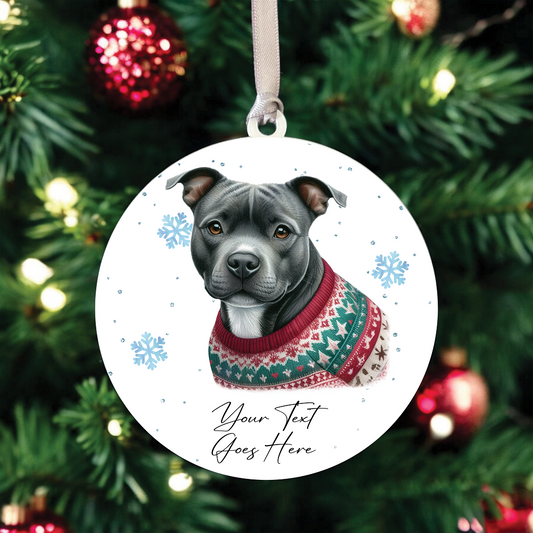 A Personalised Blue Staffordshire Bull Terrier Jumper Dog Hanging Bauble Decoration