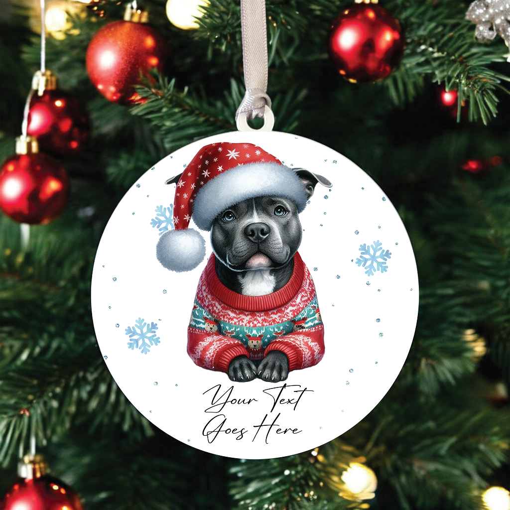 A Personalised Blue Staffordshire Bull Terrier Jumper Dog Hanging Bauble Decoration