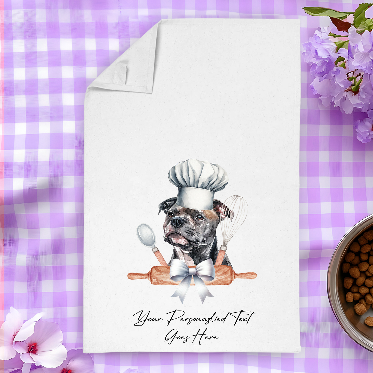 Personalised Dog In Chef Hat Gift Tea Towel - Staffordshire Bull Terrier