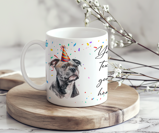 Personalised Dog Gift Mug - Staffordshire Bull Terrier with Birthday Congratulations Party Hat