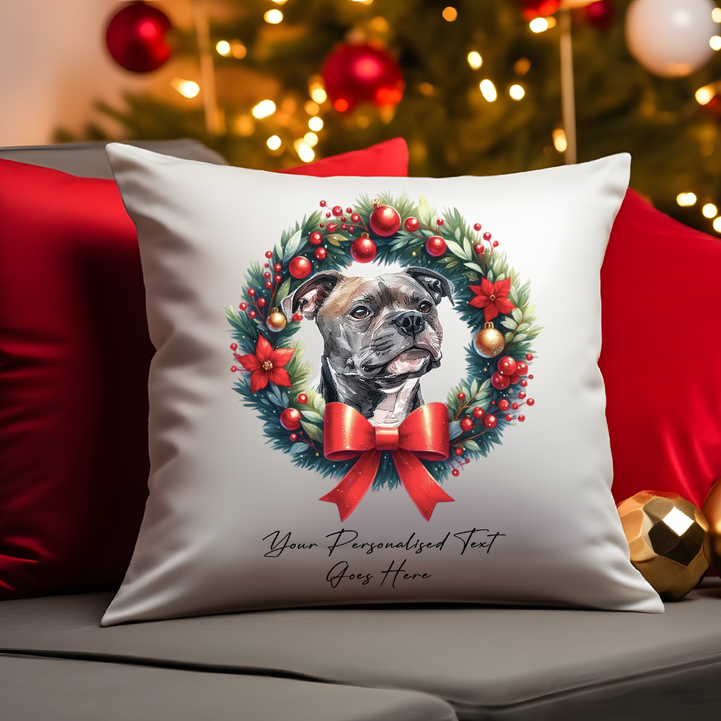 Personalised Staffordshire Bull Terrier in a Christmas wreath - Keepsake Gift cushion, by Floppsie Moppsie – floppsiemoppsie at floppsiemoppsie.co.uk