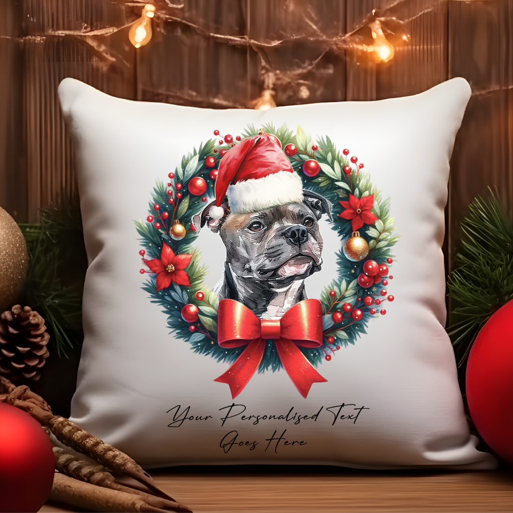 Personalised Staffordshire Bull Terrier with Santa Hat in a Christmas wreath - Keepsake Gift cushion, by Floppsie Moppsie – floppsiemoppsie at floppsiemoppsie.co.uk