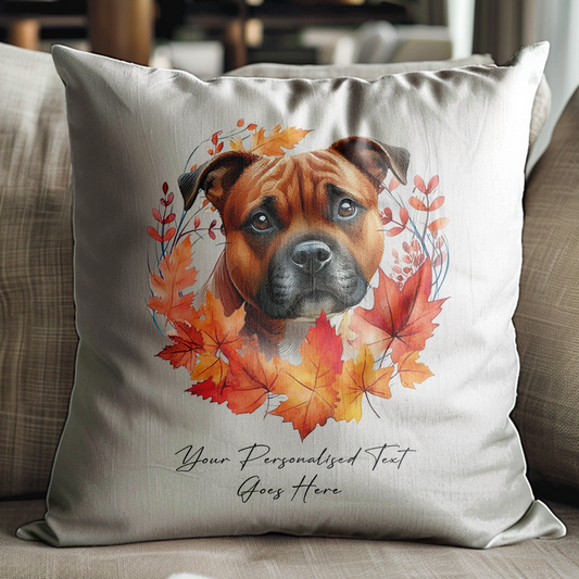 Personalised Red Staffordshire Bull Terrier in an Autumn wreath - Keepsake Gift cushion, by Floppsie Moppsie – floppsiemoppsie at floppsiemoppsie.co.uk