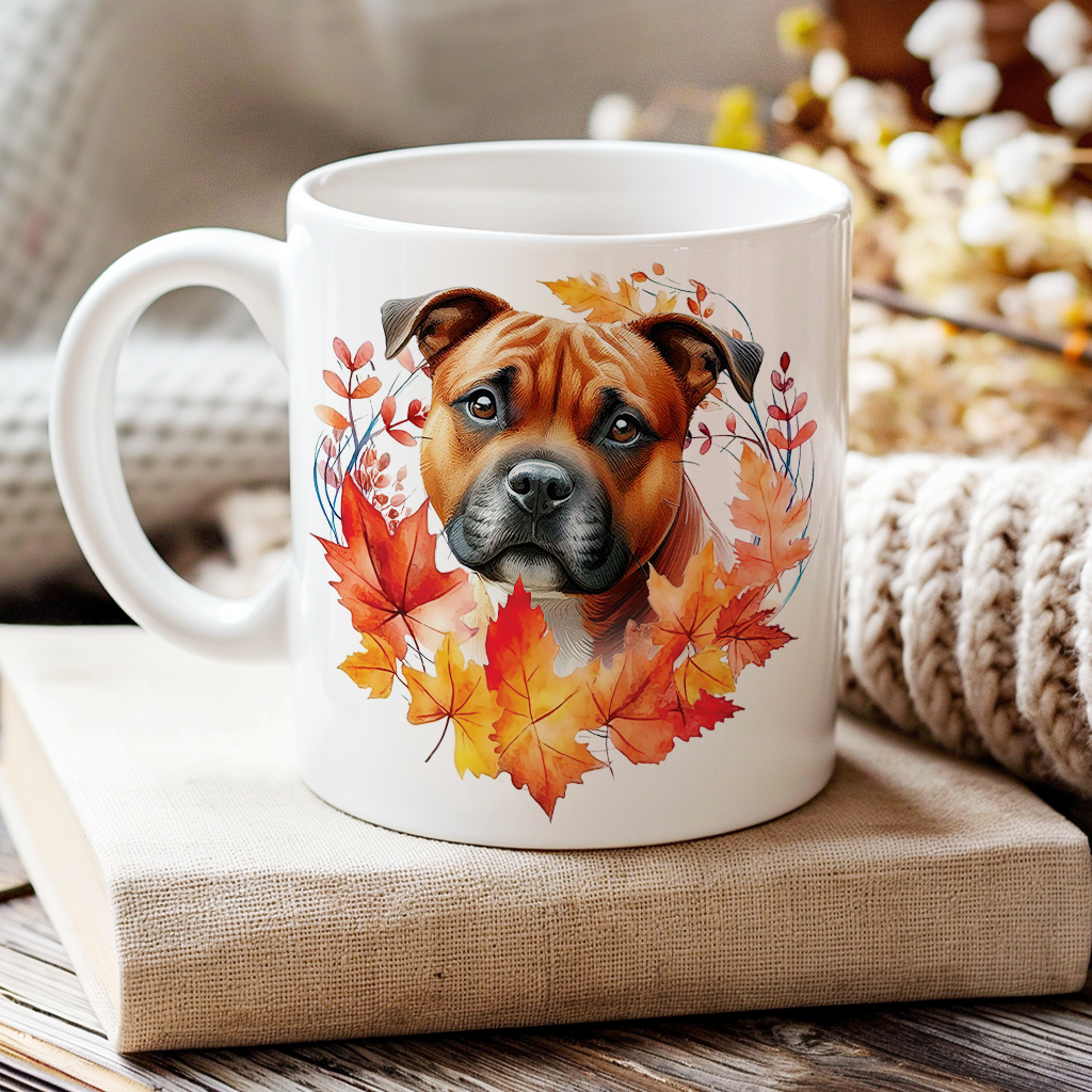 Personalised Red Staffordshire Bull Terrier in an Autumn wreath - Keepsake Mug, ideal gift for Birthday and Christmas Gift, by Floppsie Moppsie – floppsiemoppsie at floppsiemoppsie.co.uk