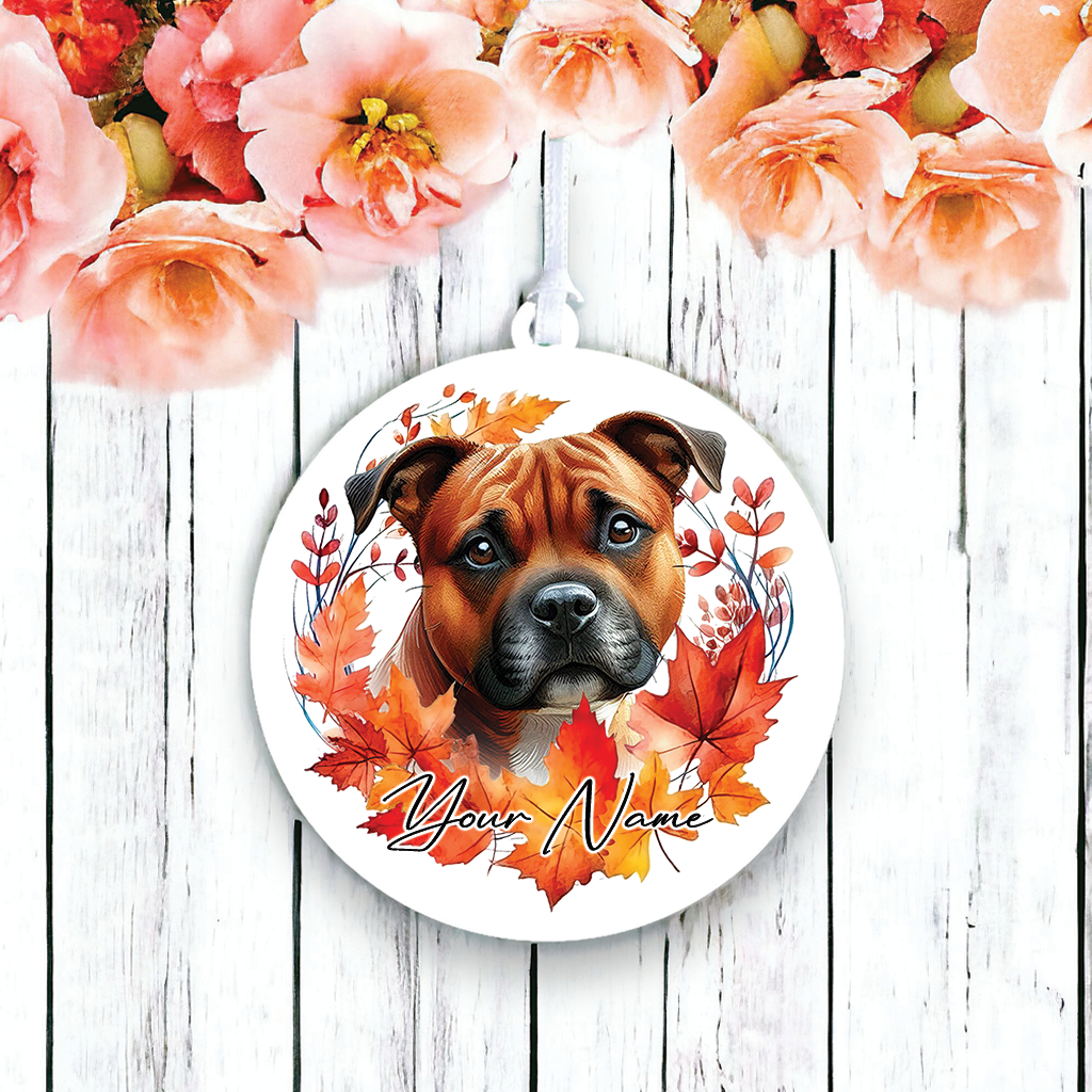 Personalised Staffordshire Bull Terrier Autumn Dog Wreath Hanging Decoration