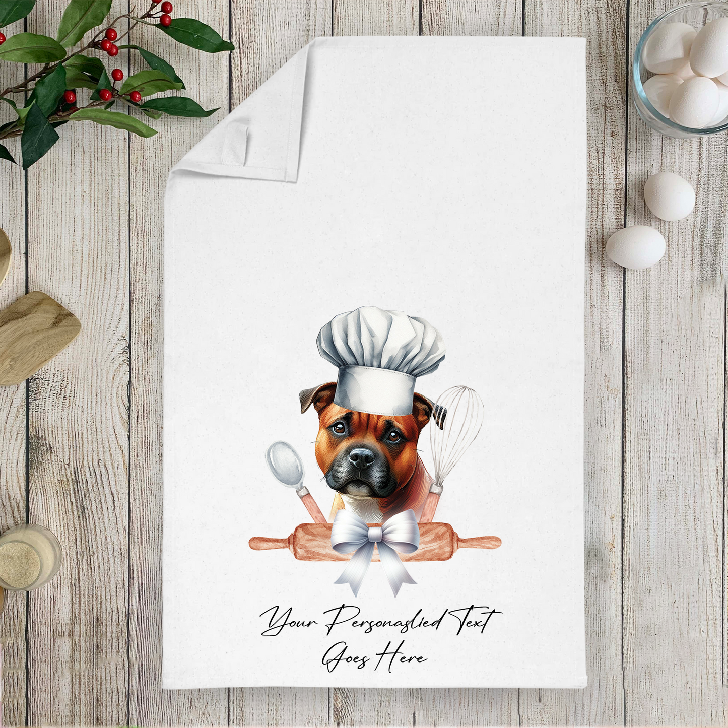 Personalised Dog In Chef Hat Gift Tea Towel - Red Staffordshire Bull Terrier