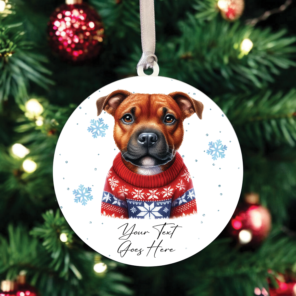 A Personalised Red Staffordshire Bull Terrier Jumper Dog Hanging Bauble Decoration