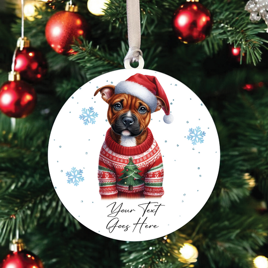 A Personalised Red Staffordshire Bull Terrier Jumper Dog Hanging Bauble Decoration - Style B