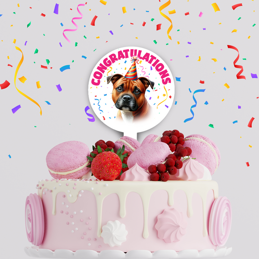 Personalised Dog Party Hat Cake Topper - Red Staffordshire Bull Terrier