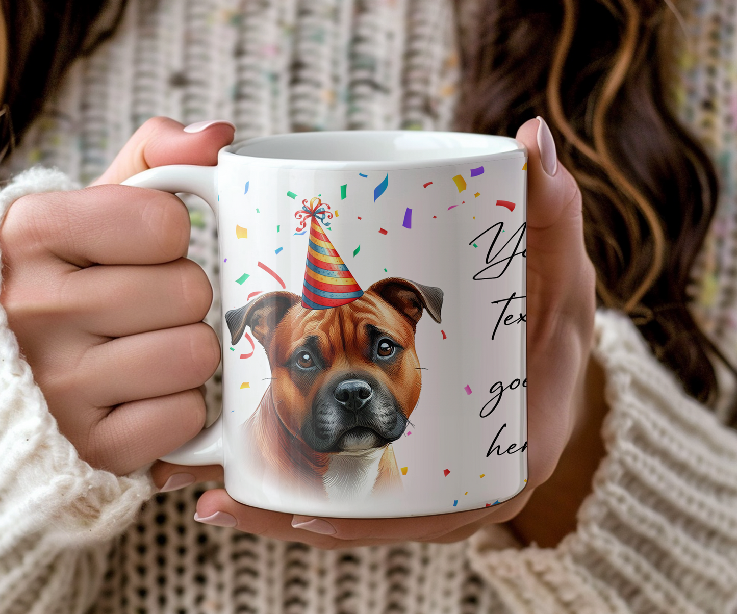 Personalised Dog Gift Mug - Red Staffordshire Bull Terrier with Birthday Congratulations Party Hat