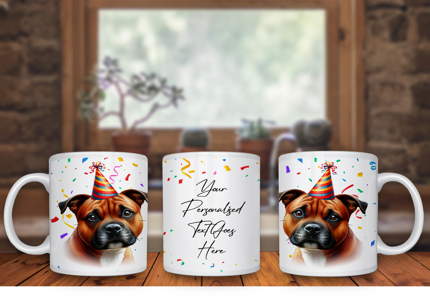 Personalised Dog Gift Mug - Red Staffordshire Bull Terrier with Birthday Congratulations Party Hat