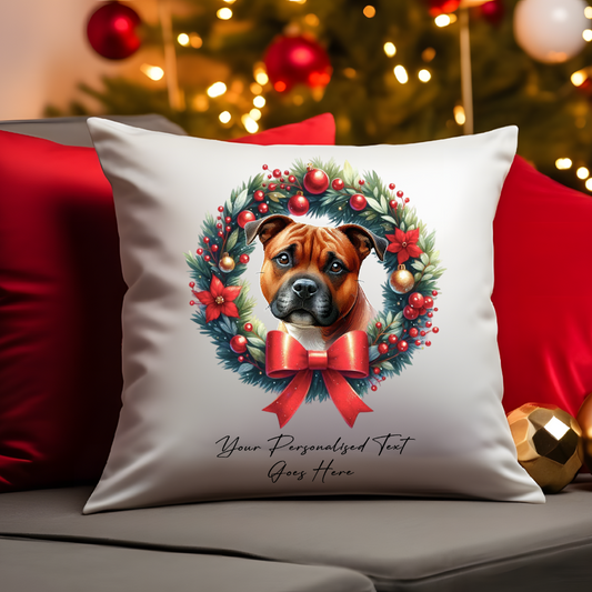 Personalised Red Staffordshire Bull Terrier in a Christmas wreath - Keepsake Gift cushion, by Floppsie Moppsie – floppsiemoppsie at floppsiemoppsie.co.uk