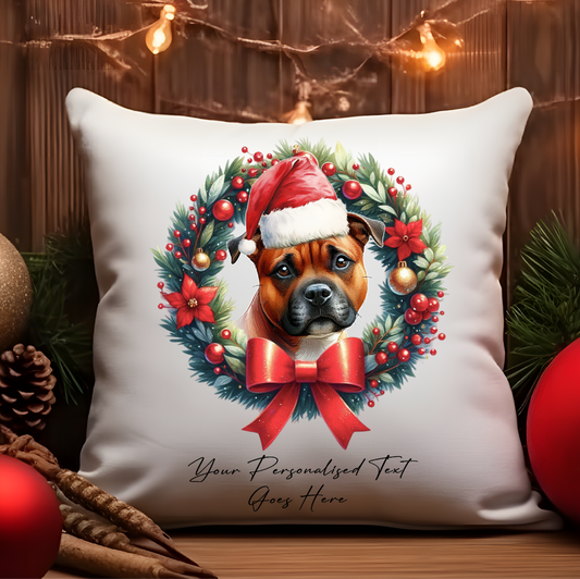 Personalised Staffordshire Bull Terrier with Santa Hat in a Christmas wreath - Keepsake Gift cushion, by Floppsie Moppsie – floppsiemoppsie at floppsiemoppsie.co.uk