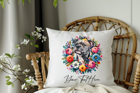 Personalised Floral Summer Pet Dog Wreath with Staffordshire Bull Terrier - Keepsake Gift Cushion, by Floppsie Moppsie – floppsiemoppsie at floppsiemoppsie.co.uk