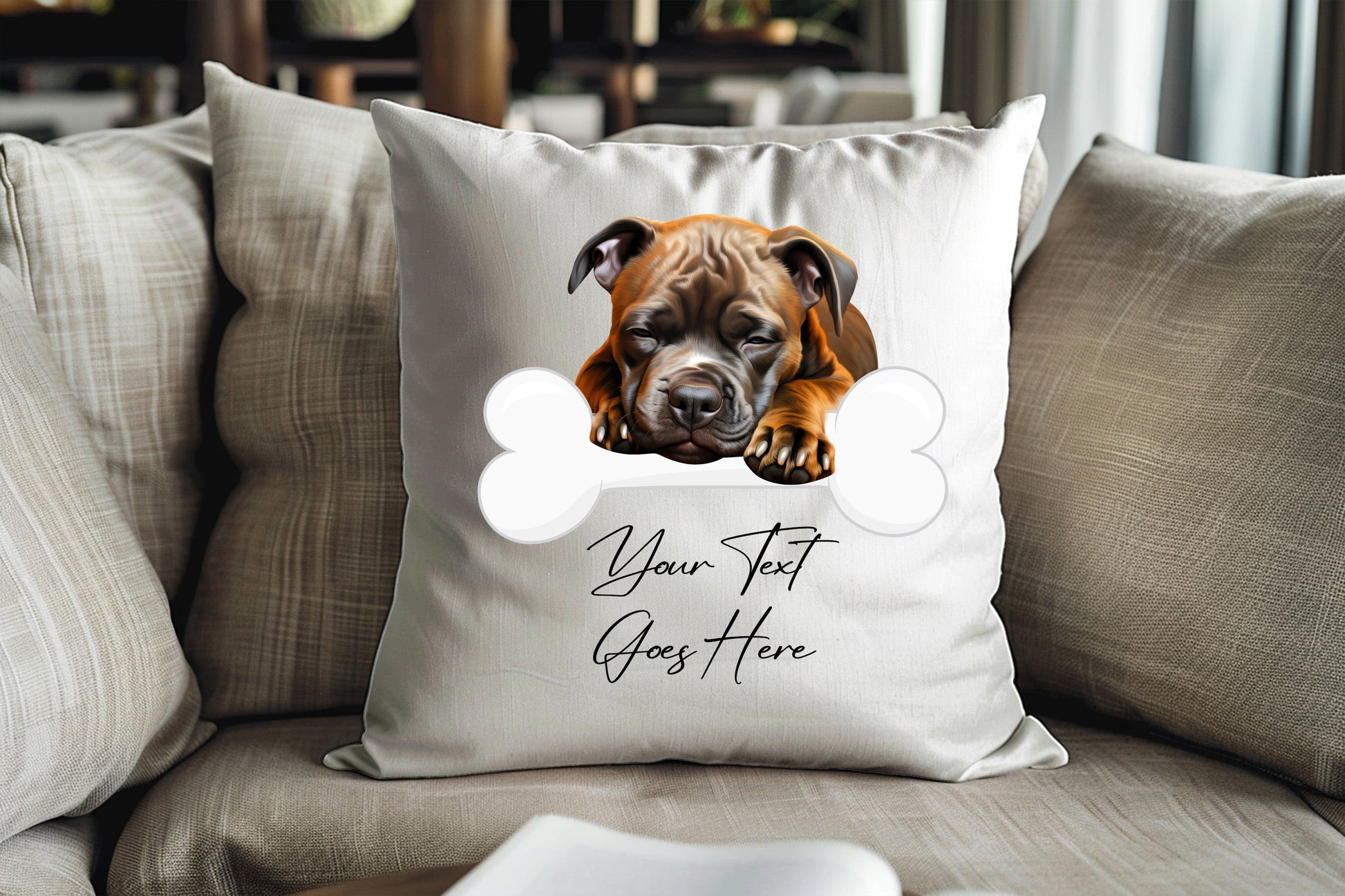 Personalised Staffordshire Bull Terrier sleeping on a bone Pet Dog Keepsake Gift Cushion, by Floppsie Moppsie – floppsiemoppsie at floppsiemoppsie.co.uk