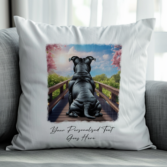 Personalised Bridge Dog Memorial Black Staffordshire Bull Terrier - Keepsake Gift Cushion, by Floppsie Moppsie – floppsiemoppsie at floppsiemoppsie.co.uk