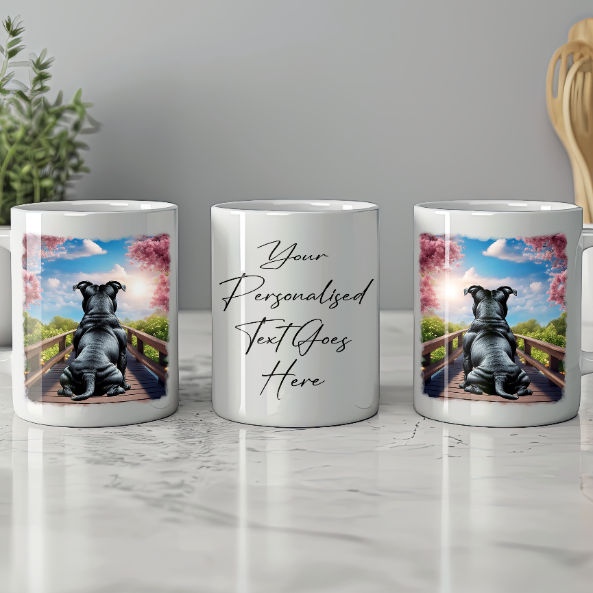 Personalised Bridge Dog Memorial Black Staffordshire Bull Terrier - Keepsake Gift Mug, by Floppsie Moppsie – floppsiemoppsie at floppsiemoppsie.co.uk