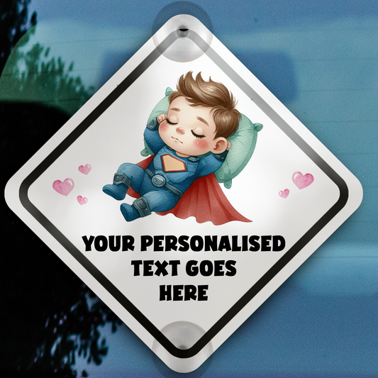 Personalised Baby Child On Board Car Window Sign - Superhero Sleeping