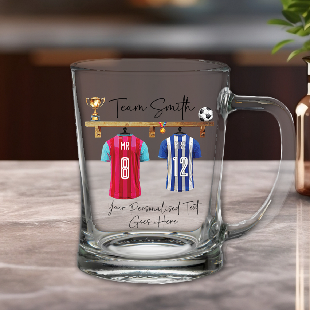 Personalised Two Football Team Shirts Hanging Tankard Gift