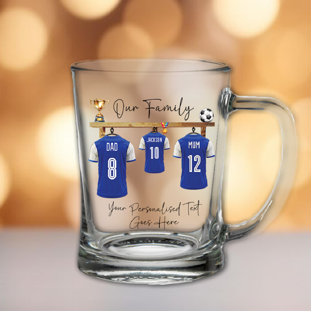 Personalised Three Football Team Shirts Hanging Tankard Gift