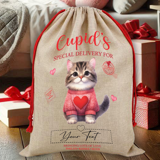 Personalised Cat Love Heart Valentine Anniversary Gift Sack - Tabby