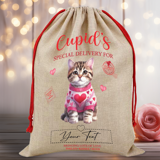 Personalised Cat Love Heart Valentine Anniversary Gift Sack - Tabby B