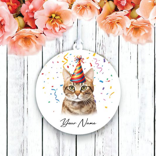 Personalised Tabby Bramble Cat Birthday Party Hat - Hanging Bauble Decoration