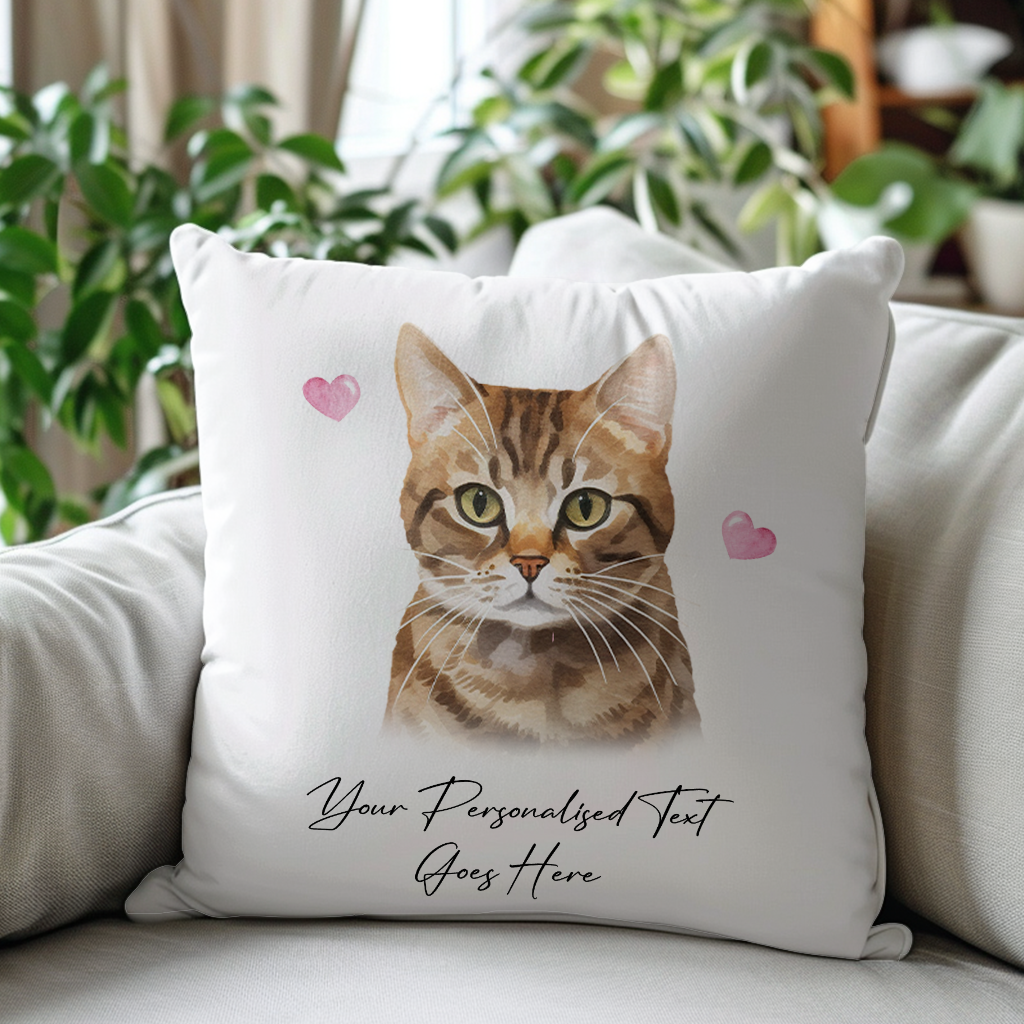 Personalised Tabby Bramble Cat Love Hearts - Cushion Cover Gift