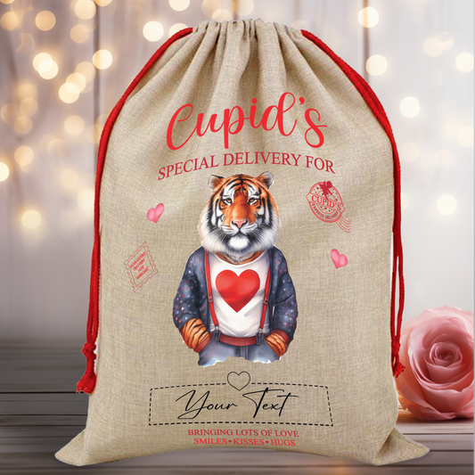 Personalised Animal Love Heart Valentine Anniversary Gift Sack - Tiger