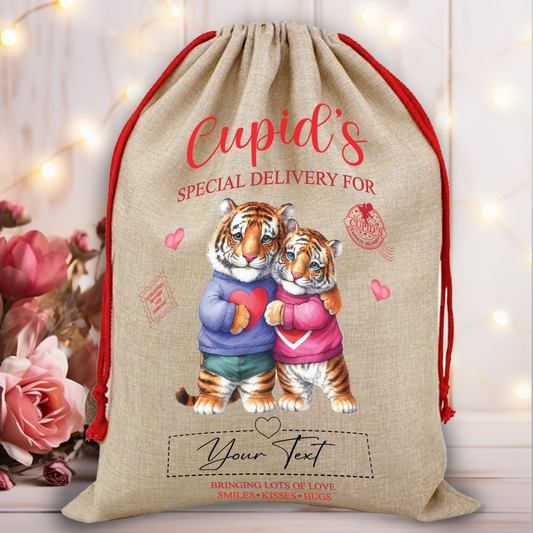 Personalised Animal Couple Love Heart Valentine Anniversary Gift Sack - Tiger