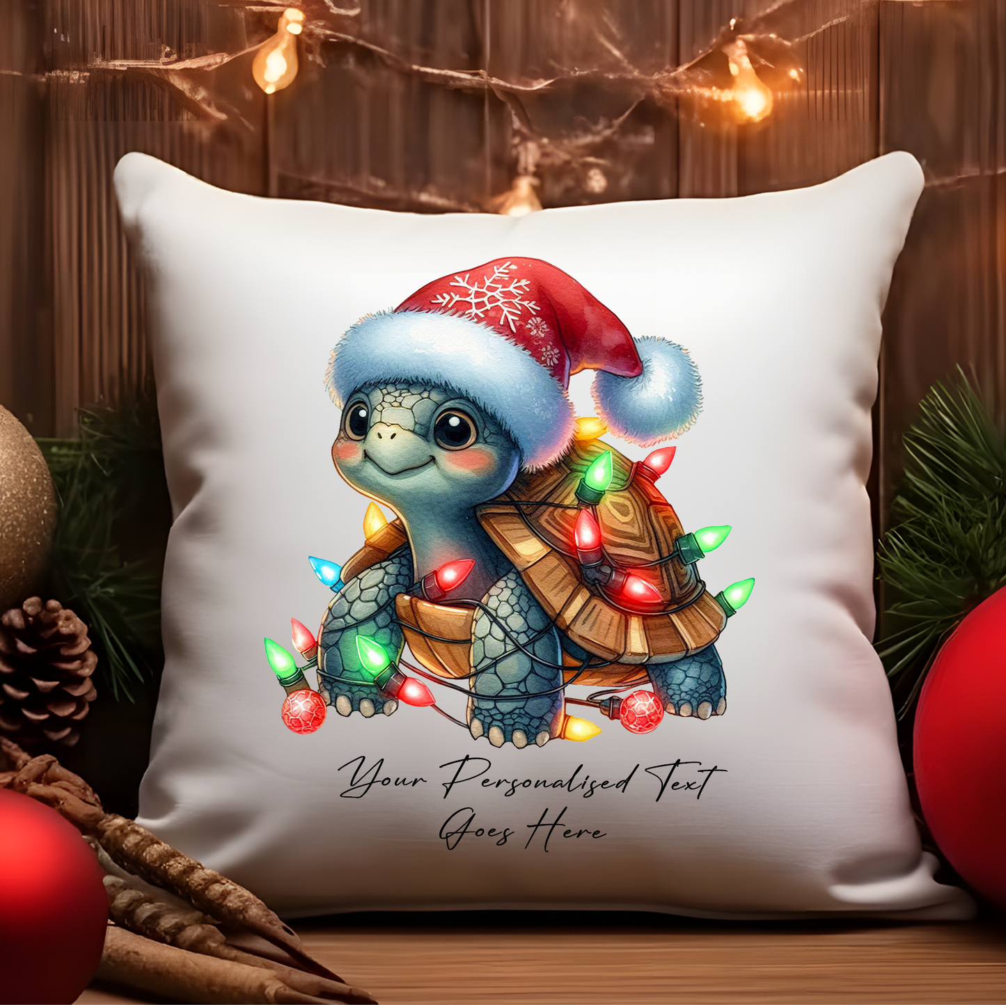 Personalised Tortoise Turtle in Christmas Lights Cushion Cover Gift - Style B