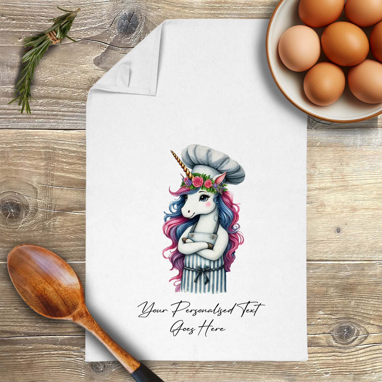 Personalised Watercolour Animal Chef Unicorn Tea Towel