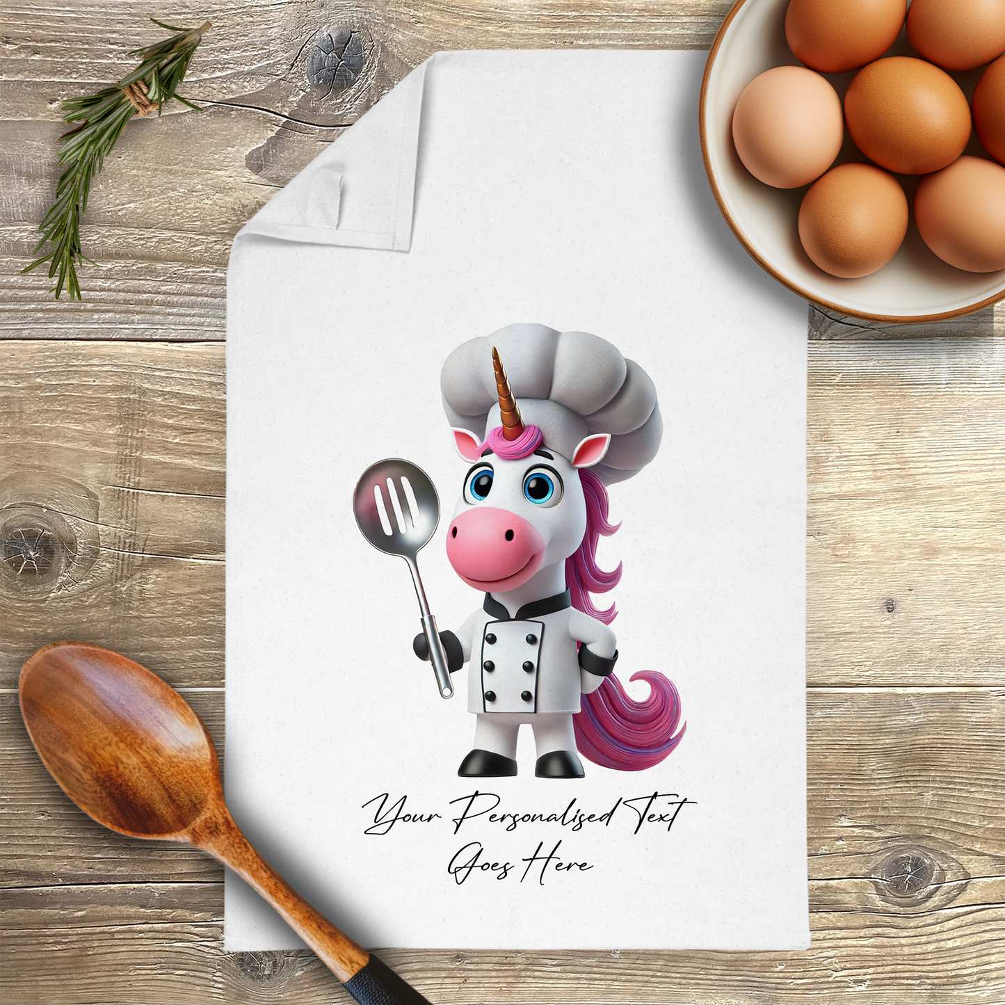 Personalised Toon Animal Chef Unicorn Tea Towel