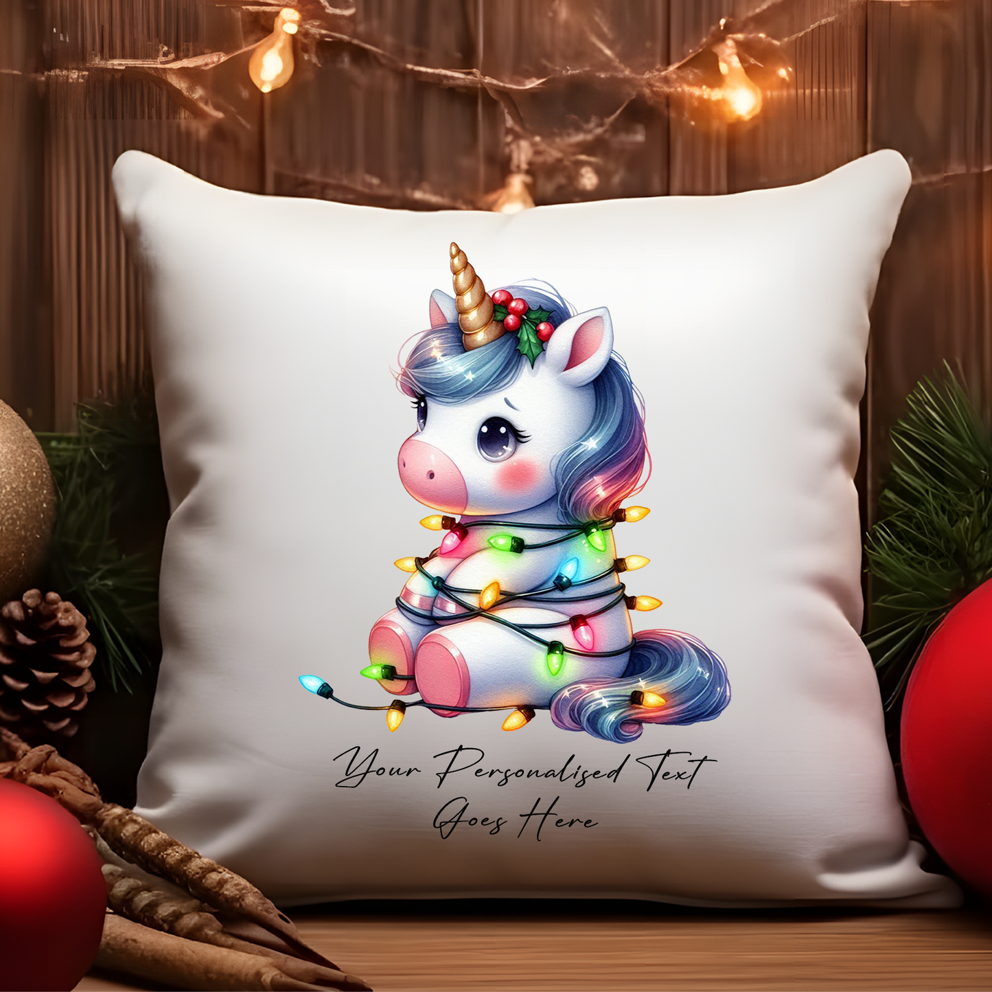 Personalised Unicorn in Christmas Lights Cushion Cover Gift - Style A