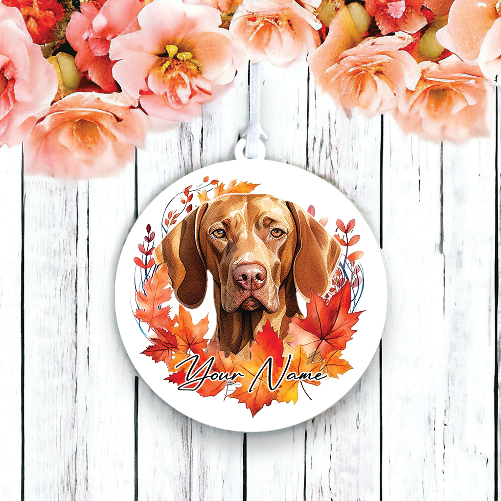 Personalised Dog Vizsla in an autumn wreath - Keepsake Gift Hanging Decoration, by Floppsie Moppsie – floppsiemoppsie at floppsiemoppsie.co.uk